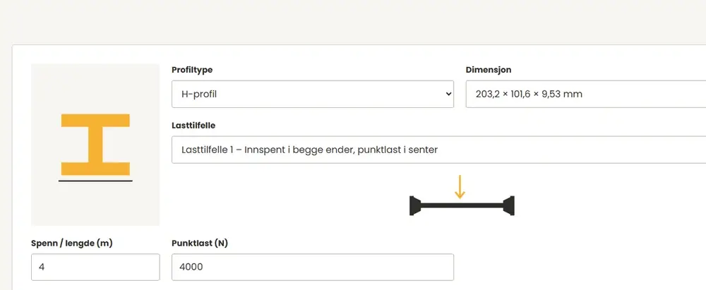 Valg av profiltype, dimensjon, lasttilfelle, spenn og last i bjelkekalkulatoren